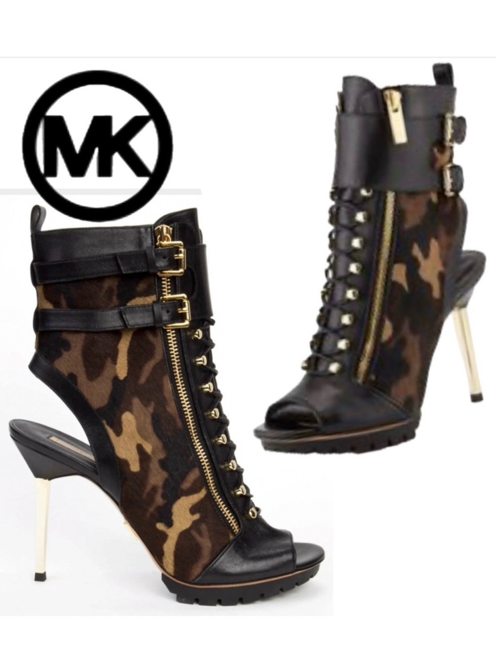 Michael Kors Camo Pony hair Black and Brown Women's High Heel Boots